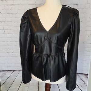 Versona Black Faux Leather Puff Sleeve Peplum Top Contrast Stitch M
